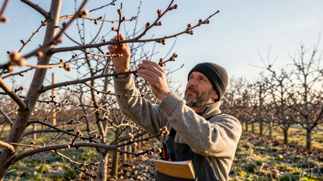 Homem com touca e suéter observa e examina galhos de árvores em pomar ao amanhecer.