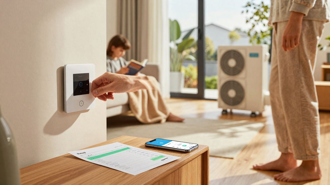 Pessoa ajustando termostato digital na parede, com outra sentada lendo em sofá ao fundo em sala iluminada.