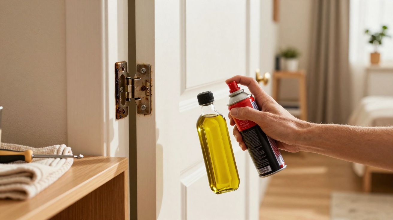 Mão aplicando spray lubrificante em dobradiça de porta branca dentro de quarto iluminado.