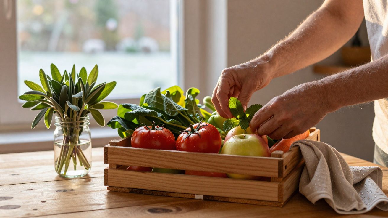 Pessoa organizando hortelã em caixa de madeira com tomates, maçãs e espinafre sobre mesa de madeira.