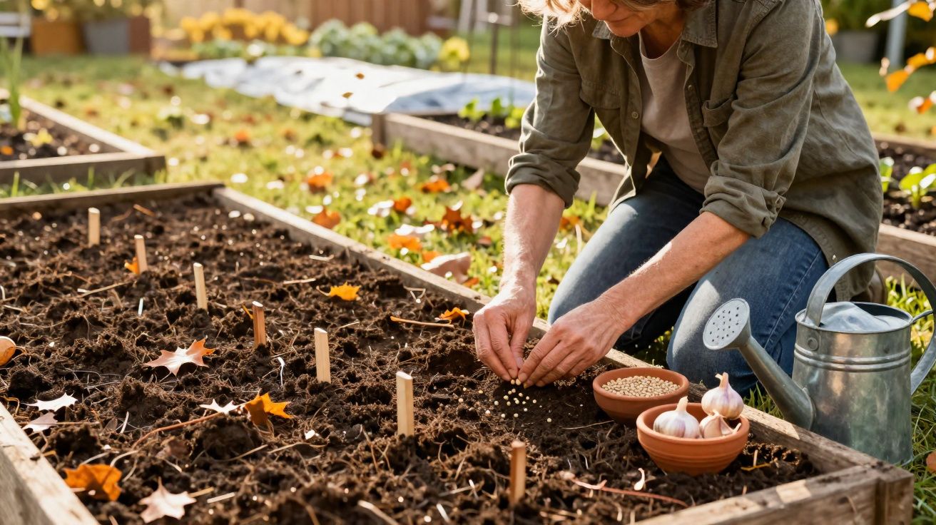 Pessoa plantando sementes em canteiro de horta, com regador e tigelas de sementes e alho ao lado.
