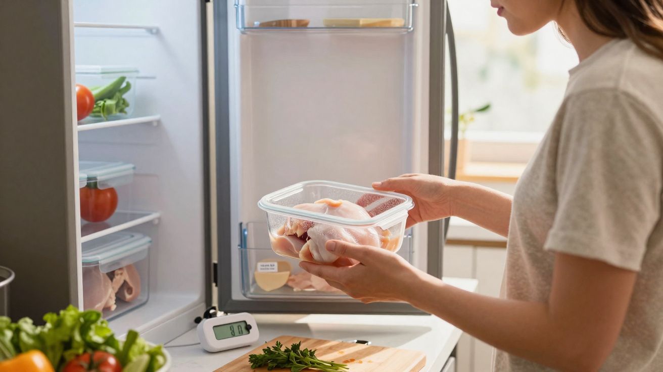 Pessoa guardando frango cru em pote plástico dentro da geladeira na cozinha.