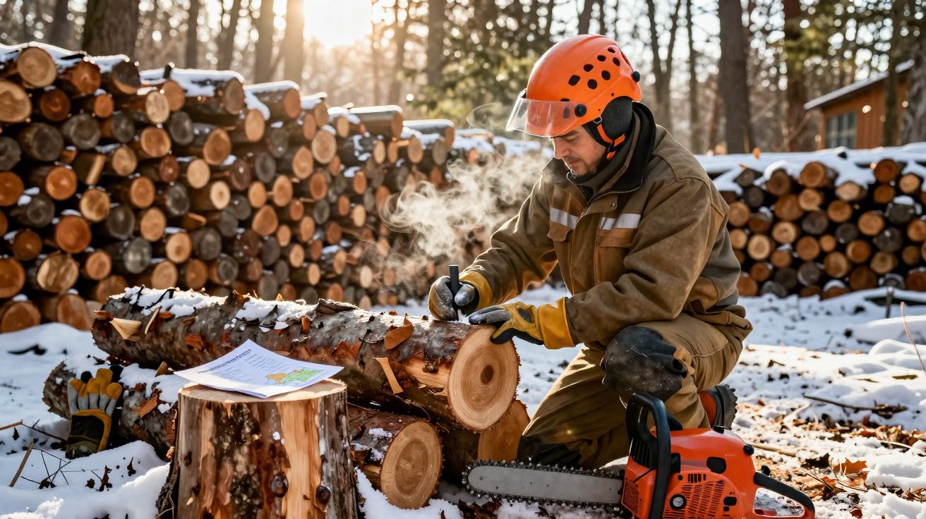 Lenhador com capacete laranja marca pedaço de tronco na floresta coberta de neve, cercado por toras empilhadas.