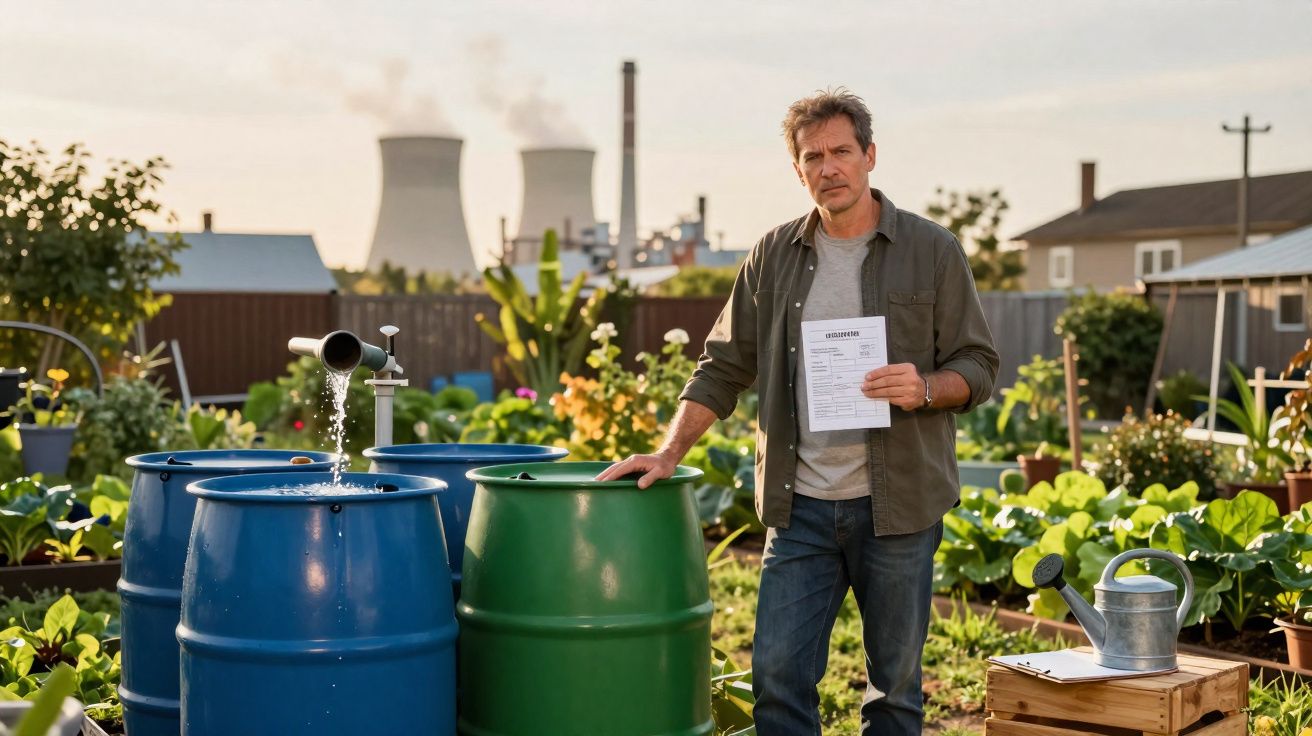 Homem em horta urbana segura documento ao lado de tanques de água com indústria poluente ao fundo.