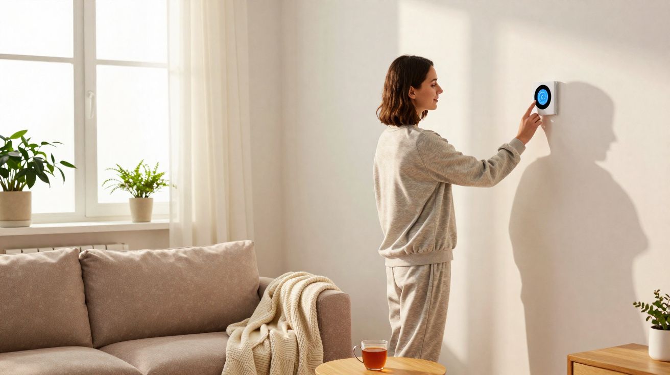 Mulher ajustando termostato digital na parede de sala com sofá, plantas e mesa com xícara de chá.