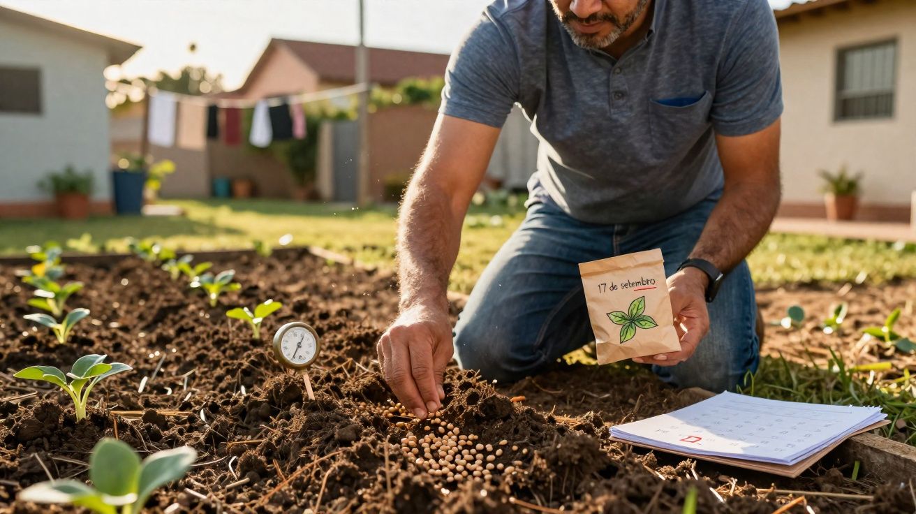 Homem plantando sementes no jardim com calendário e termômetro ao redor durante o dia.