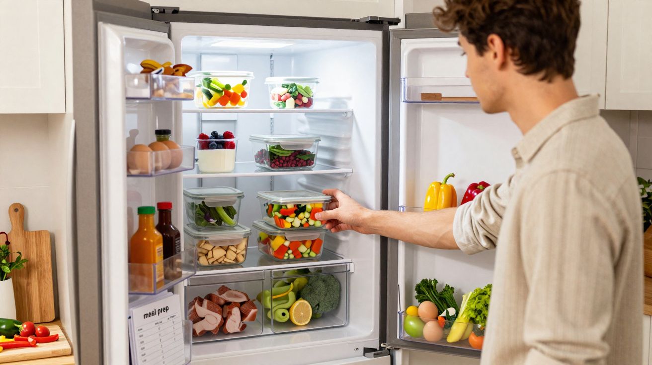 Homem organizando alimentos em potes plásticos dentro de geladeira aberta na cozinha.