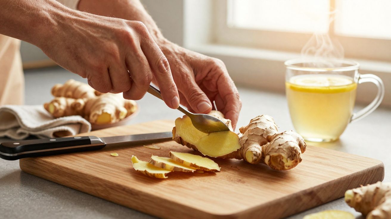 Mãos fatiando gengibre em tábua de madeira com xícara de chá quente ao fundo.