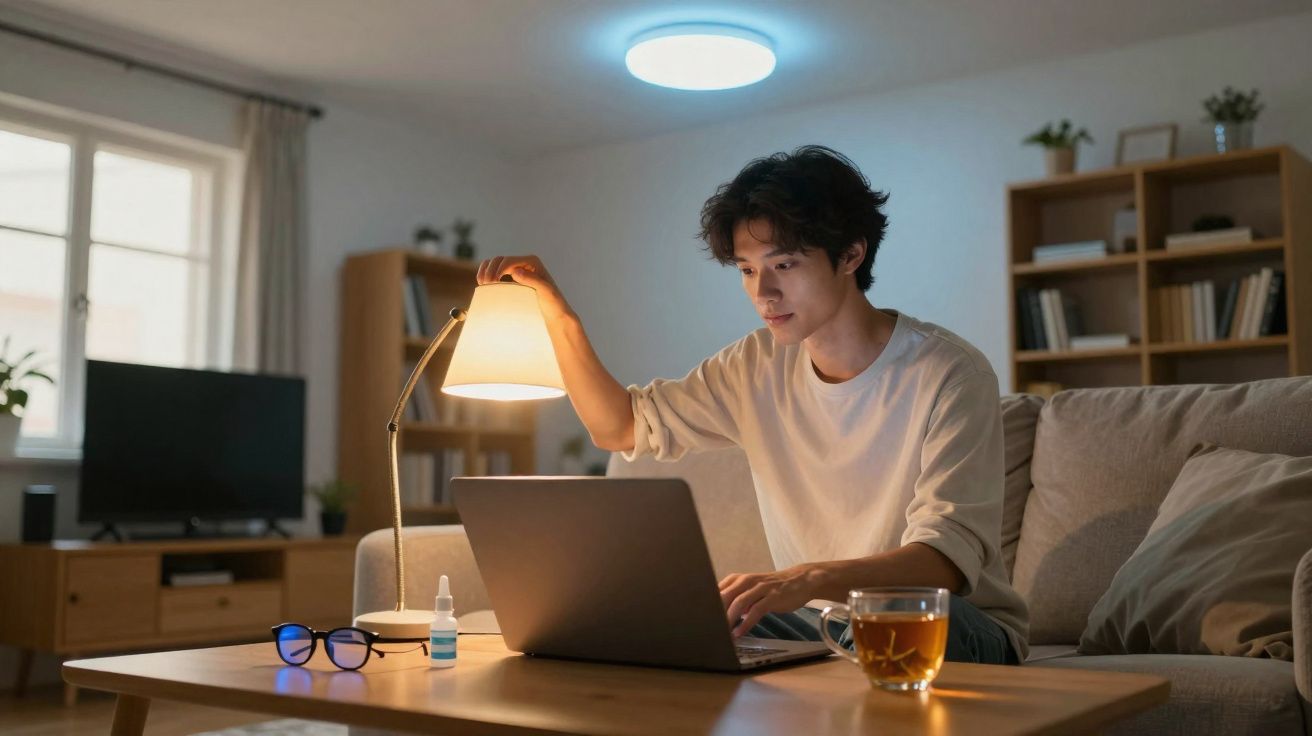Jovem sentado no sofá ajusta abajur enquanto trabalha em laptop em sala de estar aconchegante à noite.
