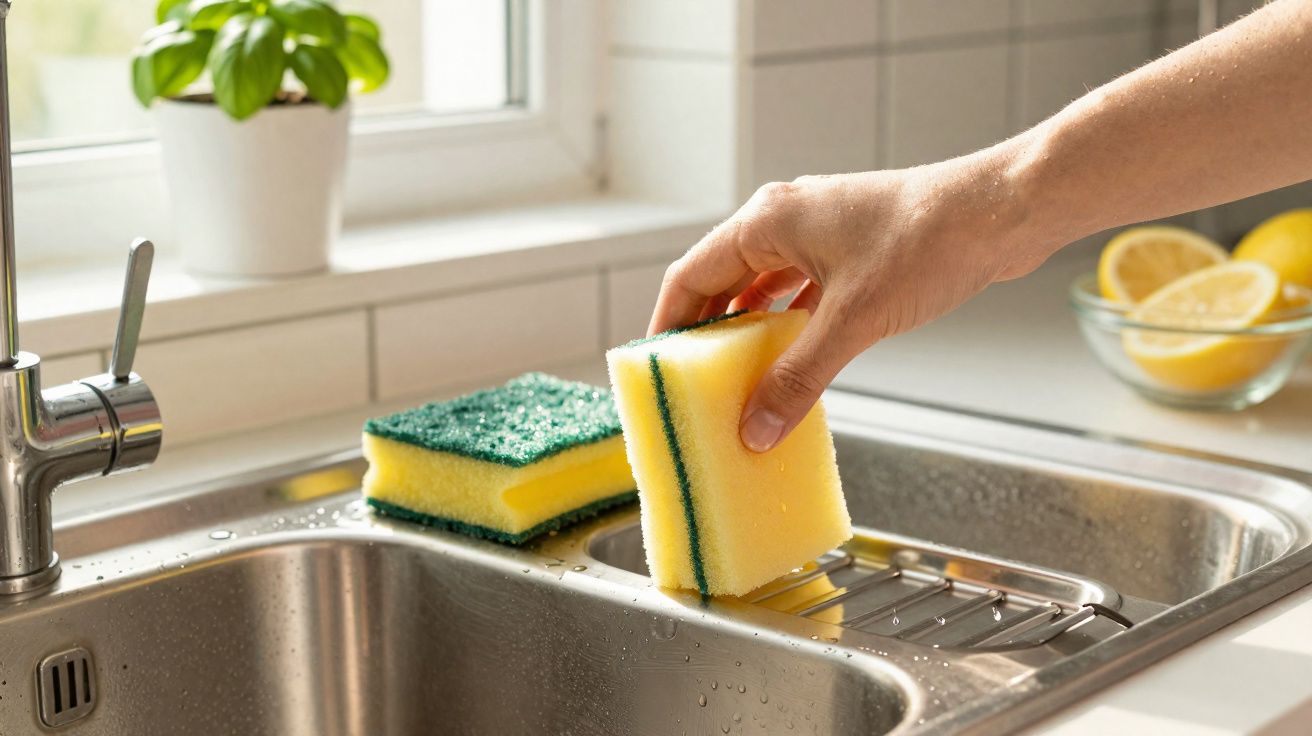 Mão segurando esponja amarela limpando pia de inox com janela iluminada ao fundo e pote com limões.