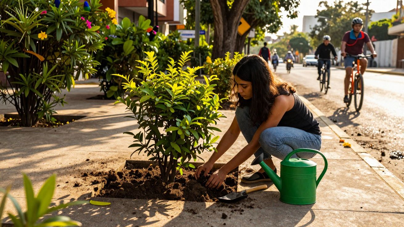 Jovem plantando arbusto em calçada com regador e pessoas andando de bicicleta ao fundo.