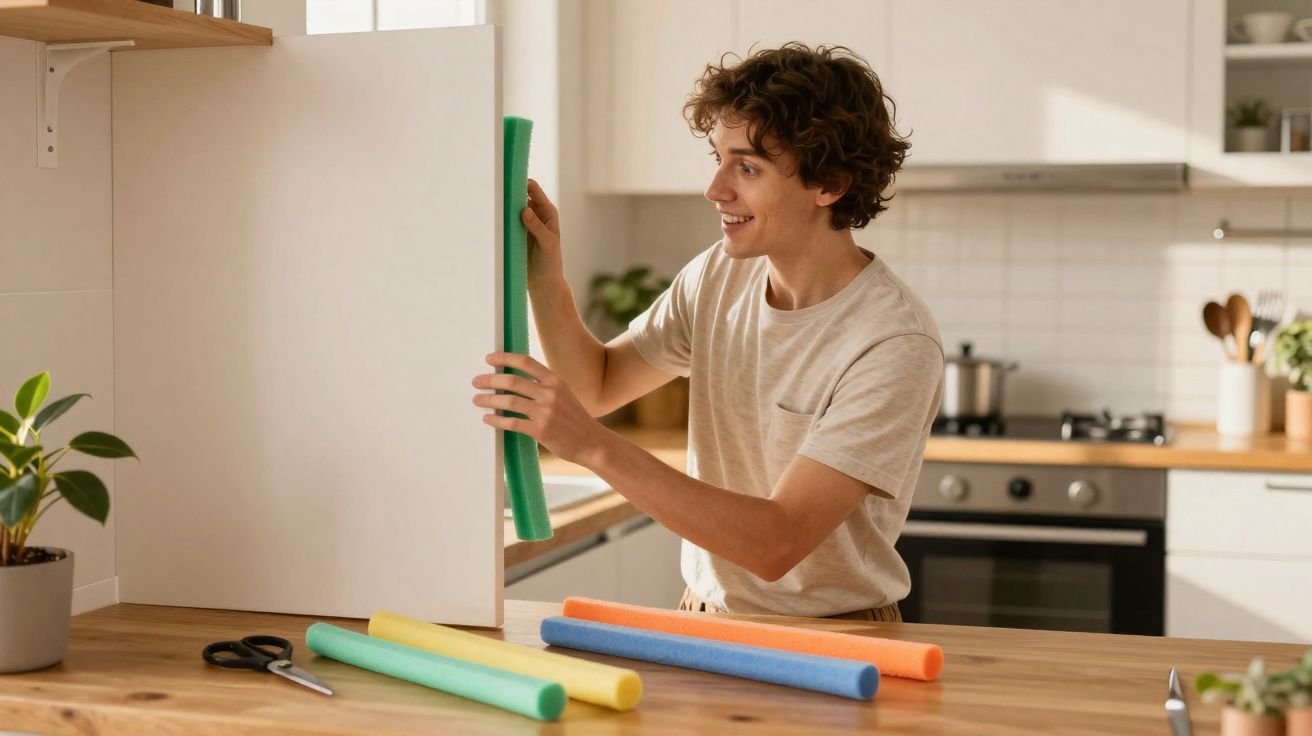 Jovem sorridente organizando tubos de espuma coloridos na cozinha moderna durante atividade manual.