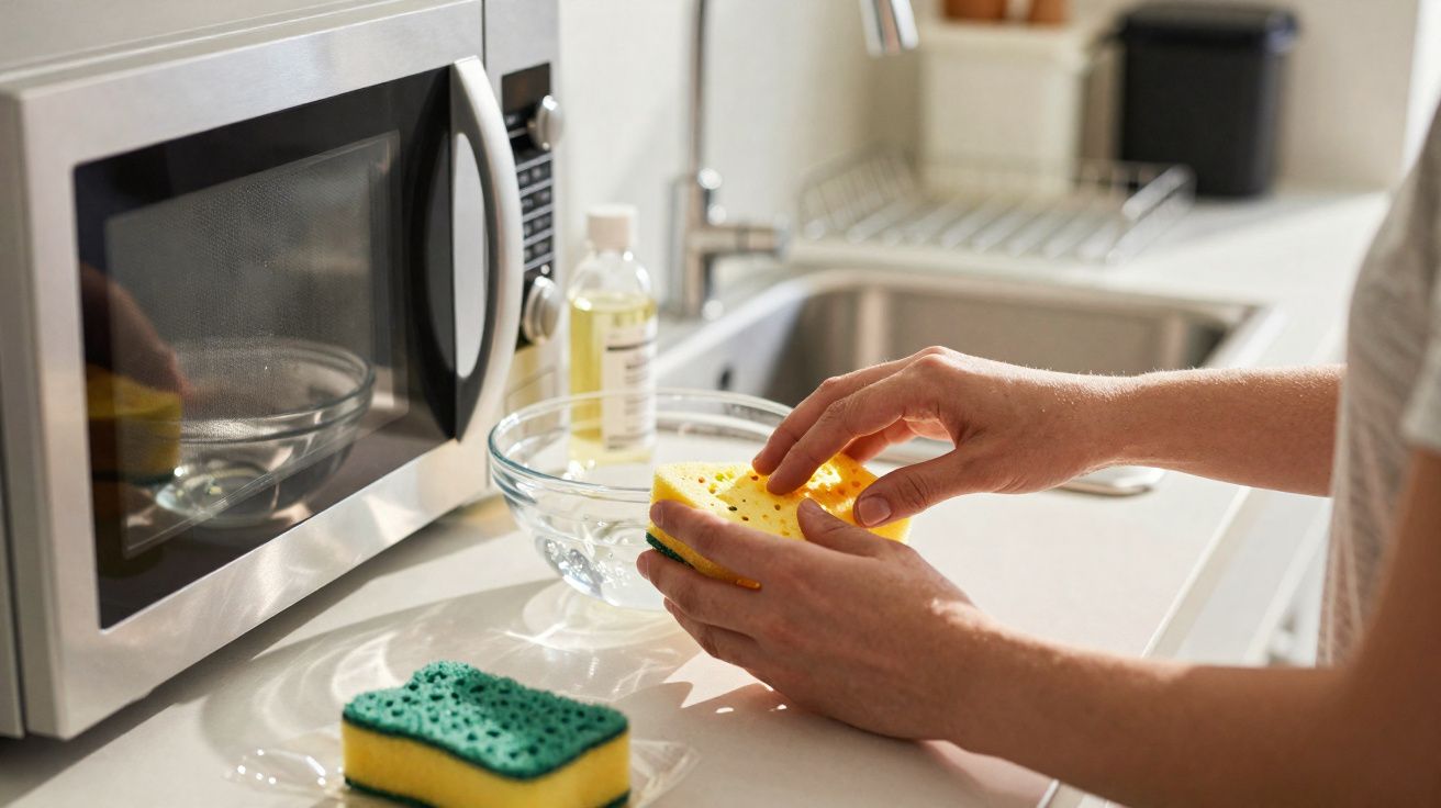 Pessoa limpando esponja amarela na pia da cozinha com esponja verde ao lado e micro-ondas ao fundo.