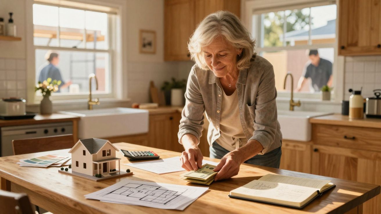 Mulher idosa organizando dinheiro na mesa com planta baixa, miniatura de casa e documentos em cozinha iluminada.