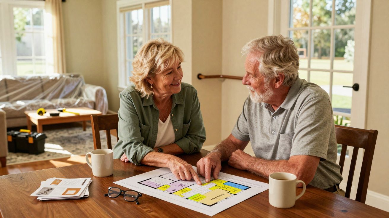 Casal idoso analisando planta baixa de casa na mesa da sala com xícaras de café.