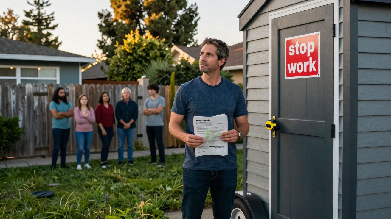 Homem com documentos em frente a porta com placa "stop work" em jardim, grupo de pessoas observa ao fundo.