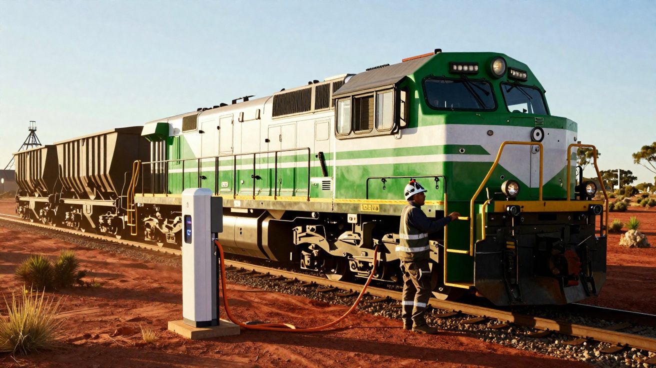 Locomotiva verde e branca sendo abastecida por trabalhador em estação no ambiente árido.