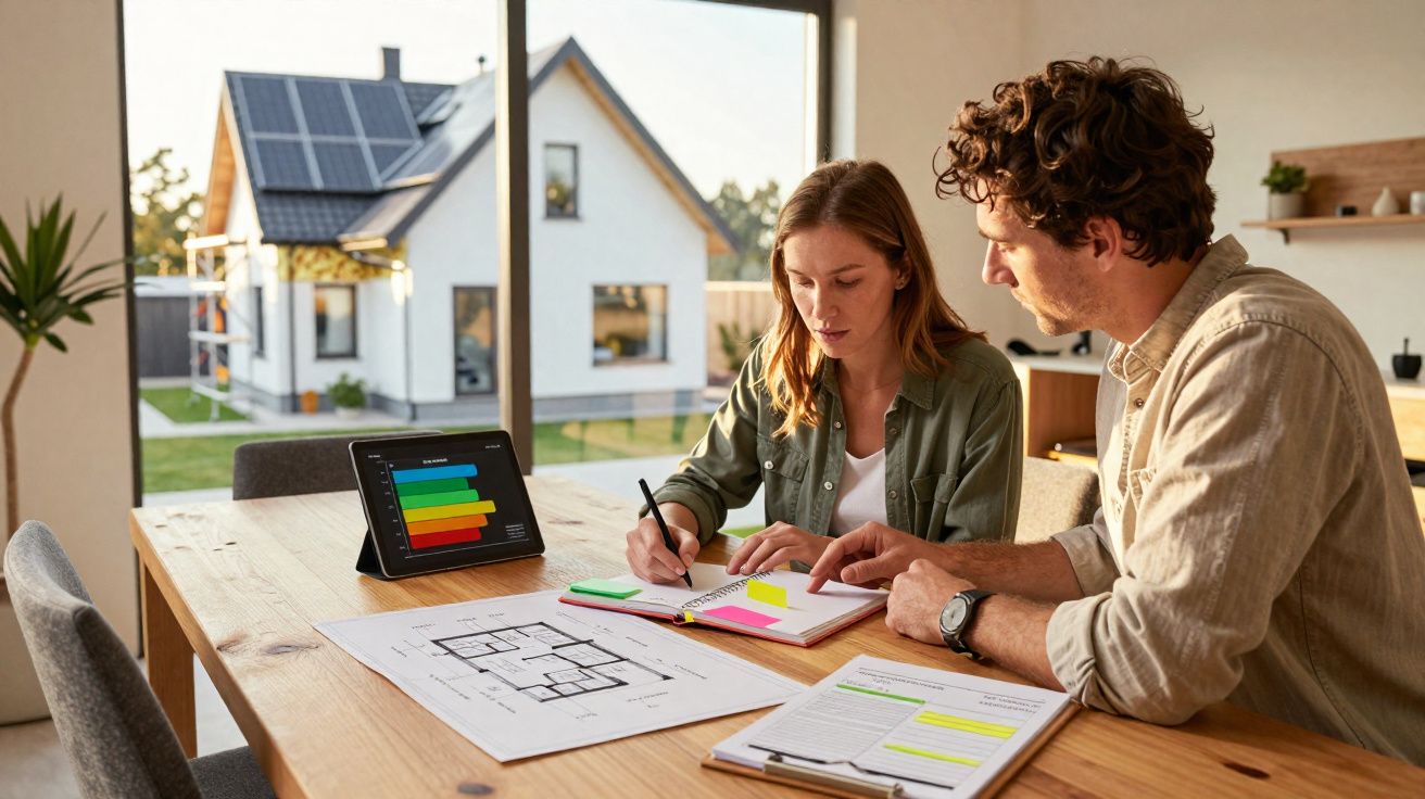 Casal analisa planta baixa e documentos em mesa, com casa sustentável ao fundo e tela mostrando consumo de energia.