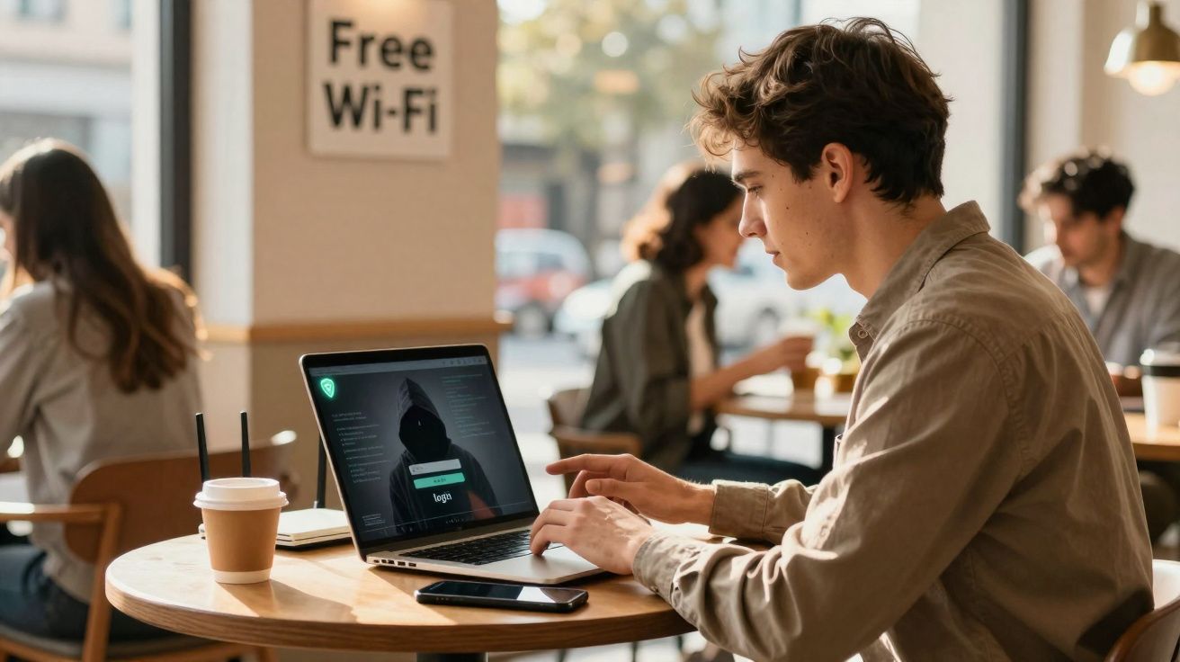 Jovem usando laptop em café com placa de Wi-Fi grátis ao fundo e pessoas ao redor.