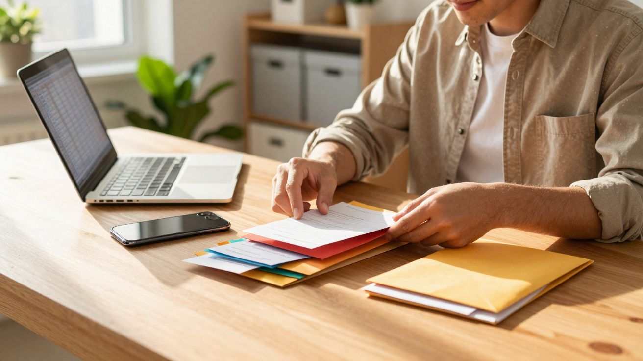 Pessoa organizando documentos coloridos em envelopes sobre mesa com laptop e celular ao lado.