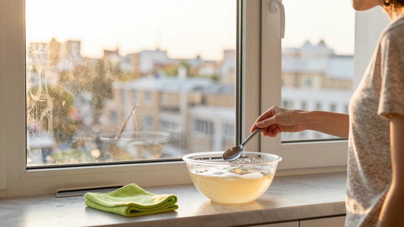 Pessoa mexendo com colher dentro de uma tigela transparente com líquidos sobre balcão próximo à janela.