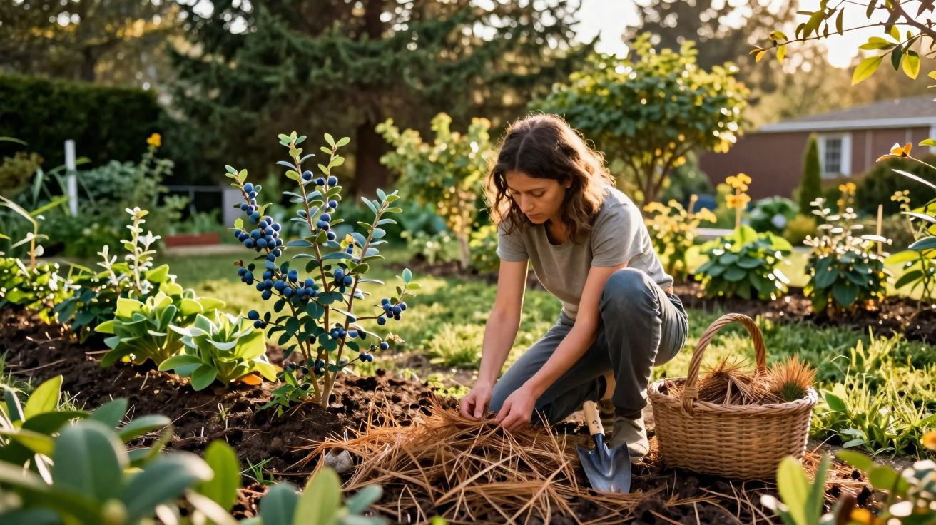 Mulher cuidando do jardim, organizando palha ao redor das plantas em dia ensolarado.