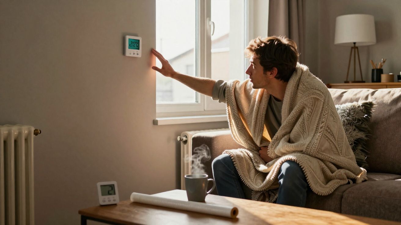 Homem enrolado em cobertor ajusta termostato em sala com luz natural e xícara fumegante sobre mesa.