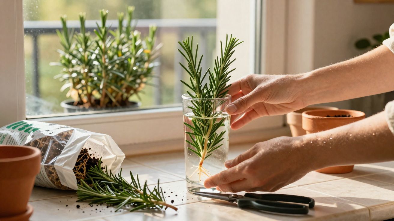 Mãos colocando ramo de alecrim em copo com água na janela, com terra, tesoura e vasos ao redor.