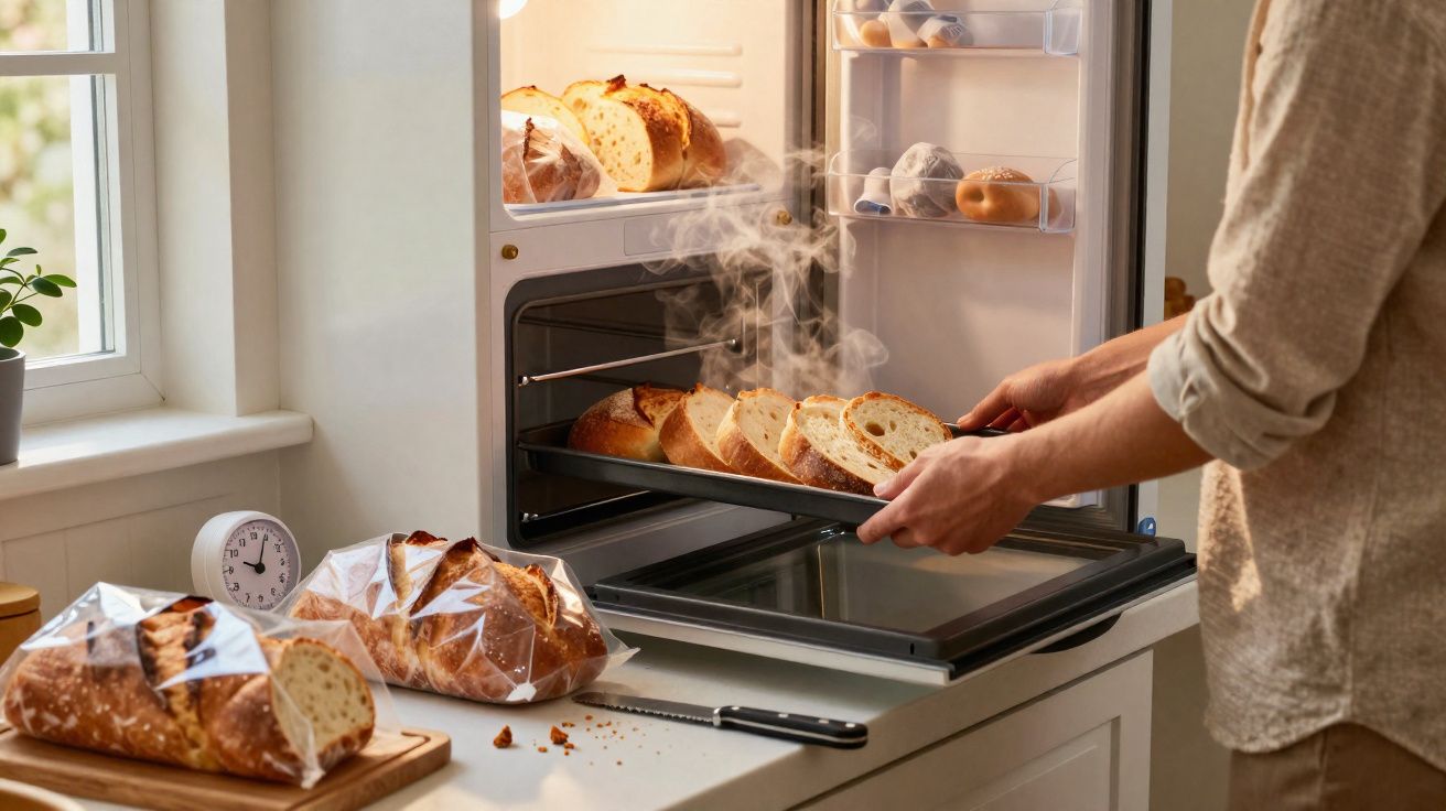 Pessoa retirando fatias de pão quente de forno embutido em cozinha iluminada por luz natural.