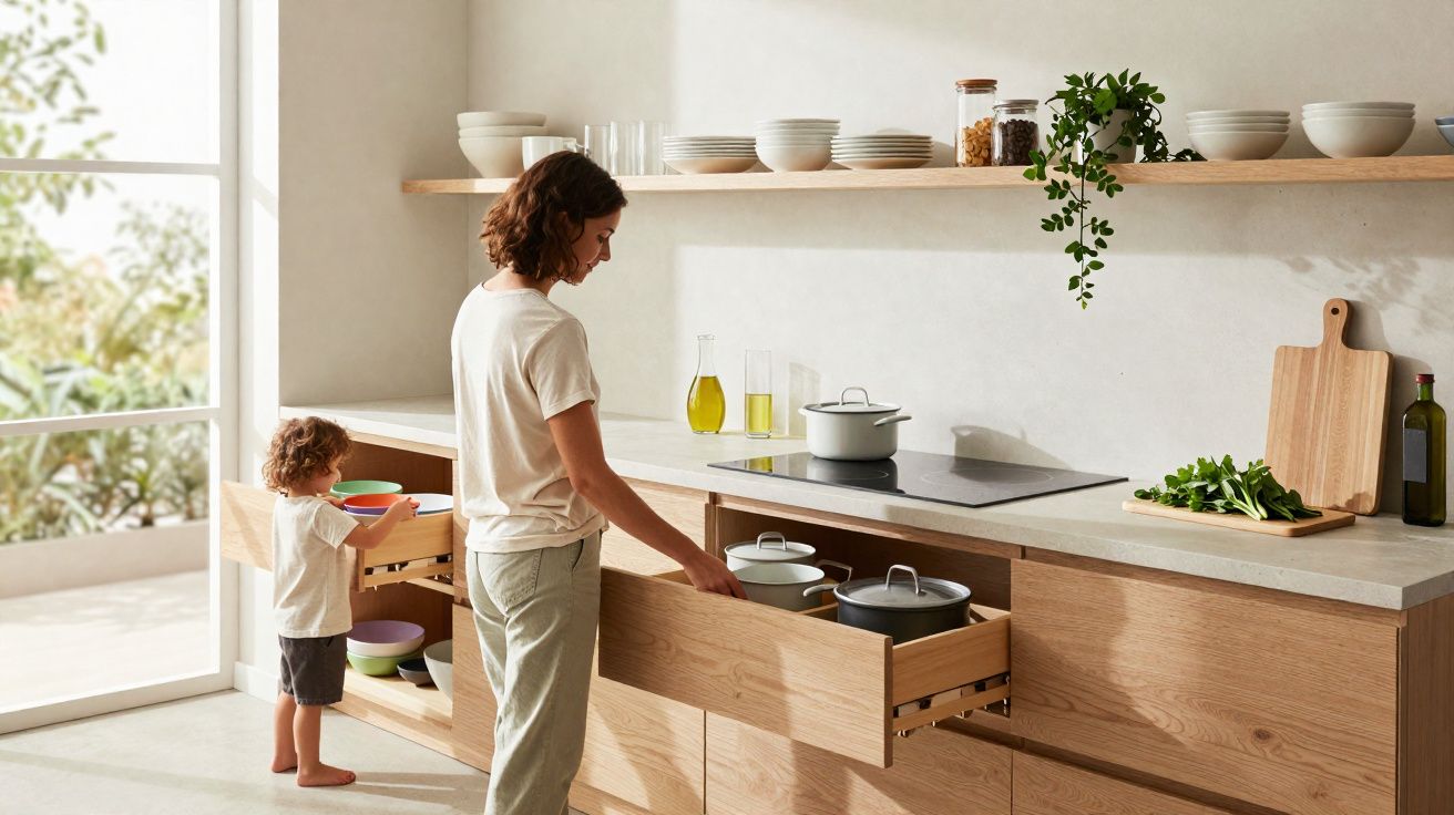 Mulher e criança organizam utensílios em armários de cozinha clara com detalhes em madeira e planta decorativa.