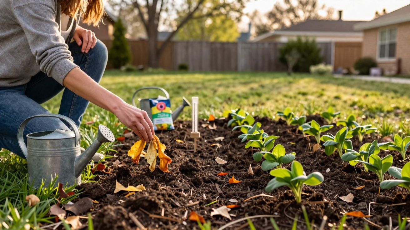 Pessoa cuidando de plantas em canteiro de jardim ensolarado, com regador e folhas secas.