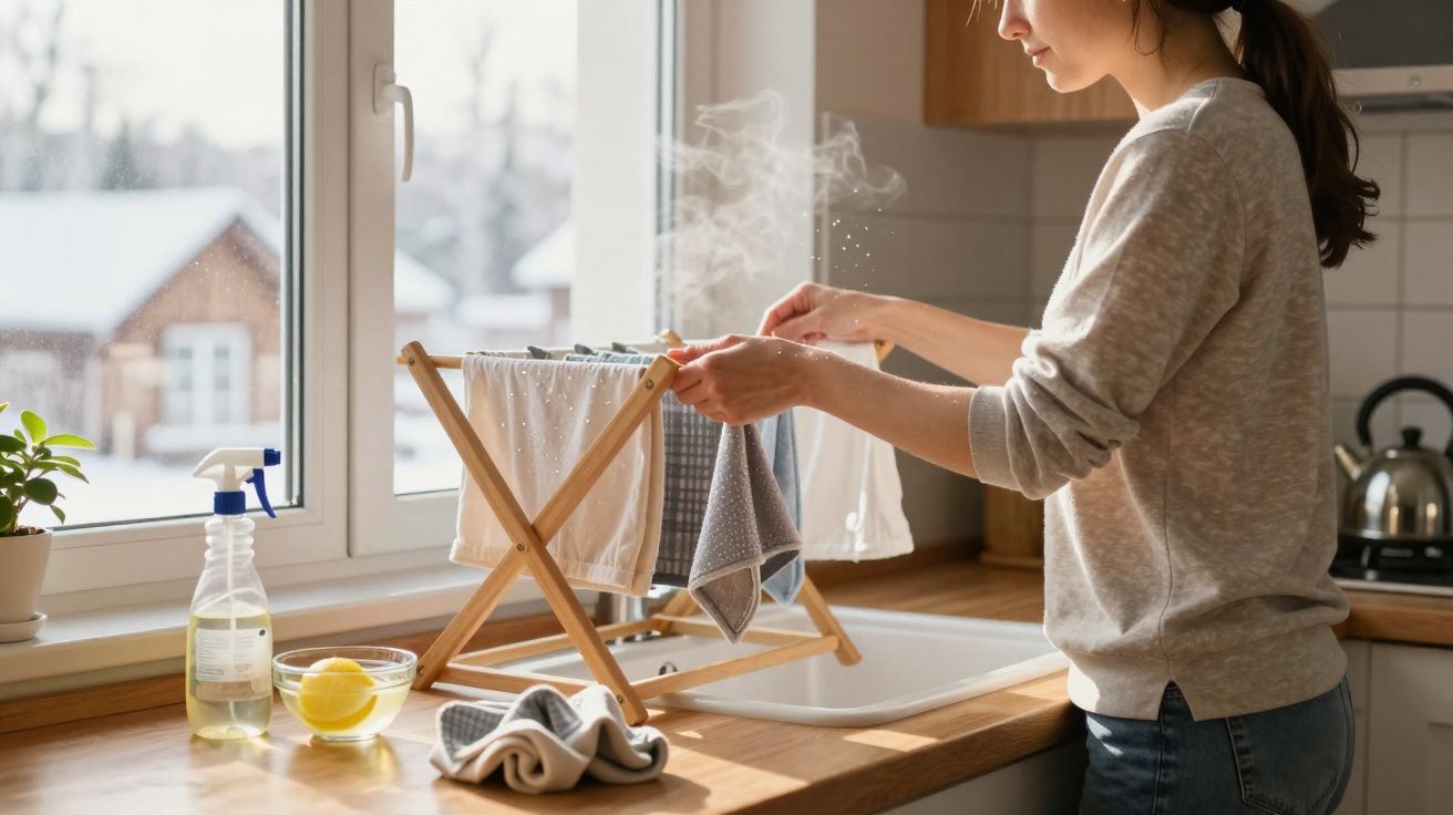 Mulher secando panos de prato em varal de madeira próximo à janela em cozinha iluminada.