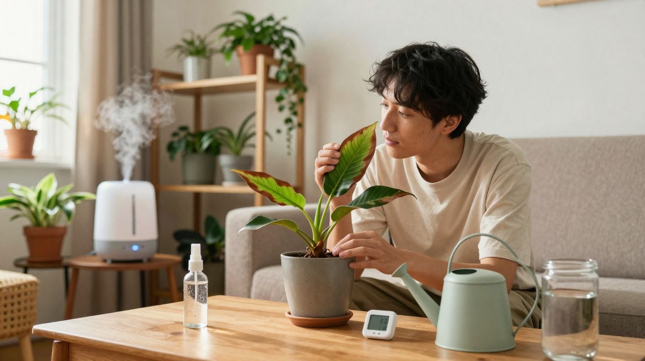 Homem cuidando de planta em vaso sobre mesa de madeira em sala com umidificador e regador.