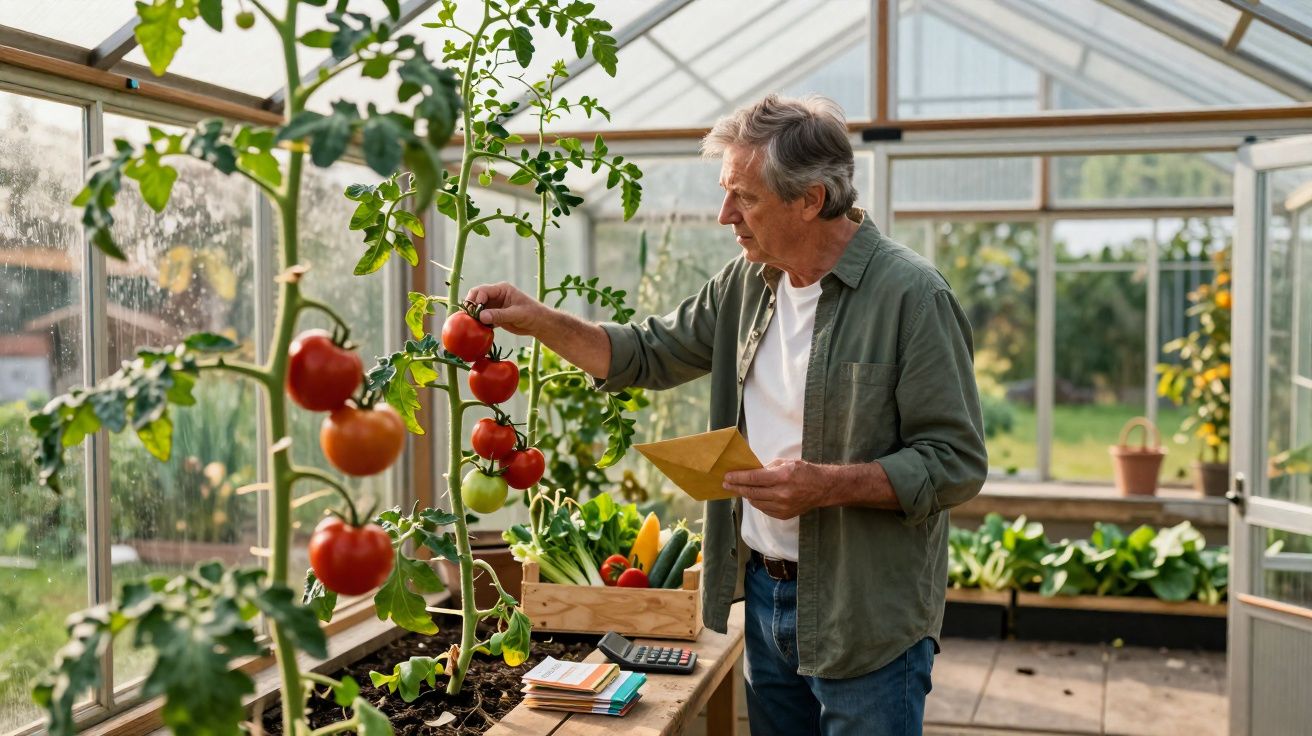 Homem idoso colhendo tomates em estufa, segurando envelope e ao lado de caixa com legumes.