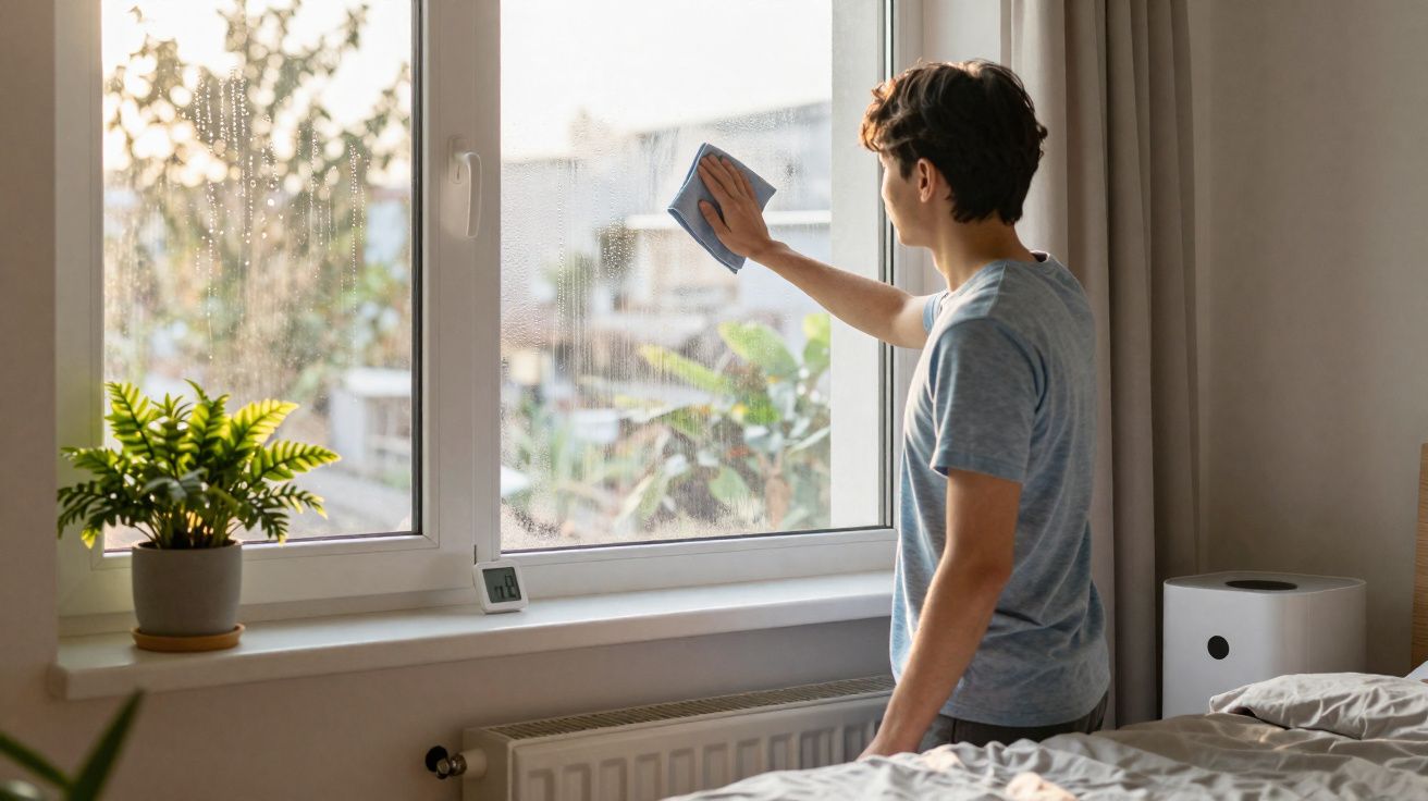 Jovem limpando a janela de um quarto com pano azul, ao lado de planta em vaso e cama.