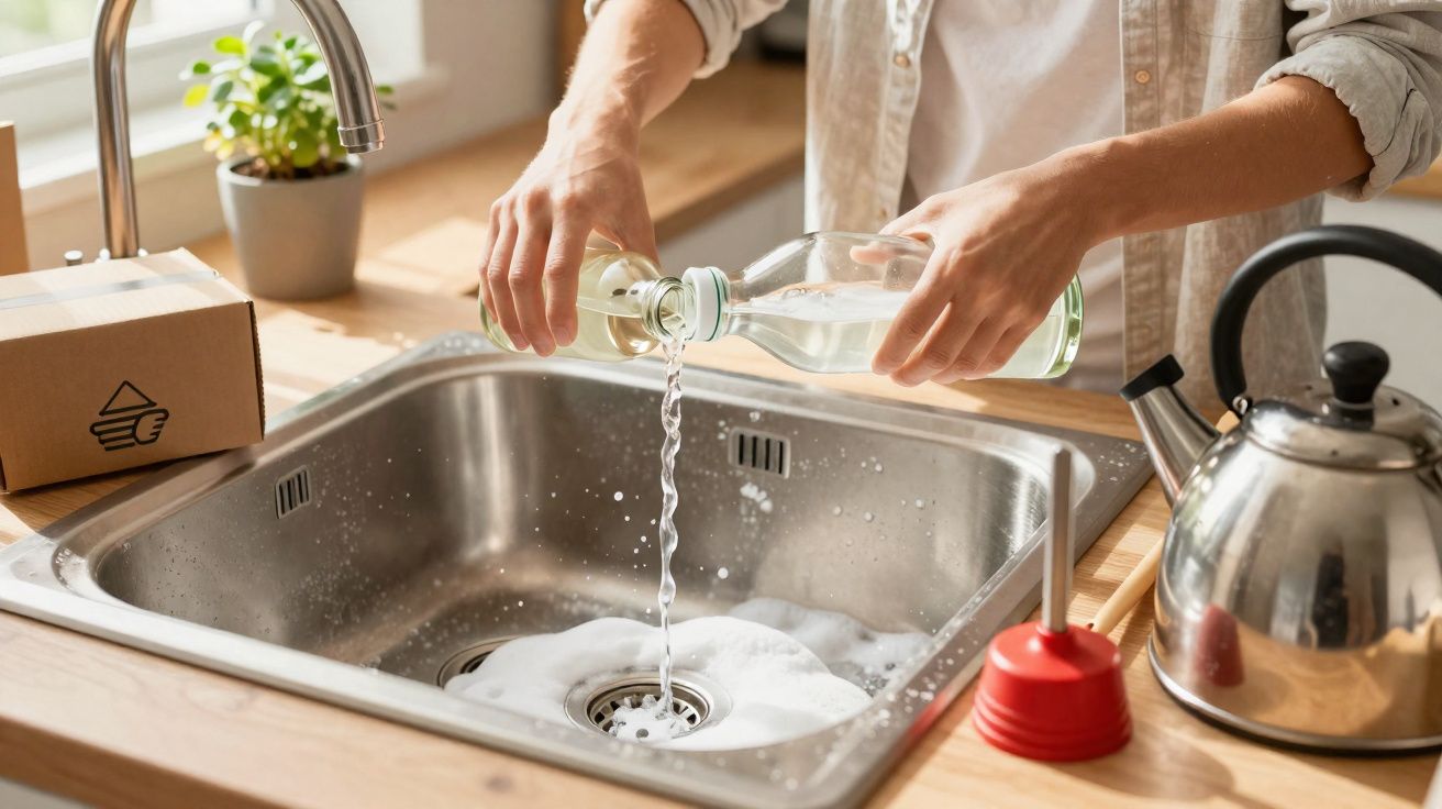 Pessoa despejando líquido transparente em pia de cozinha de aço inox com sabonete e chaleira ao lado.