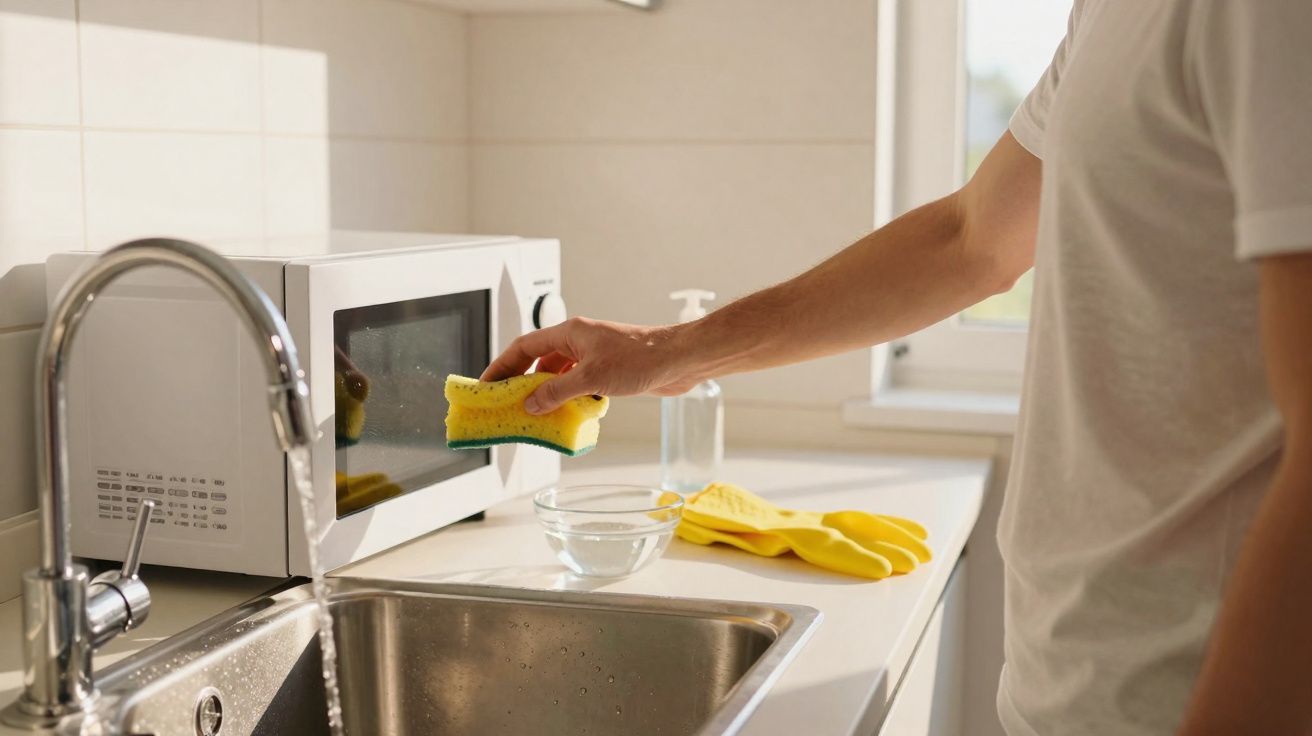 Pessoa limpando o micro-ondas na cozinha com esponja amarela, pia com torneira aberta e luvas no balcão.