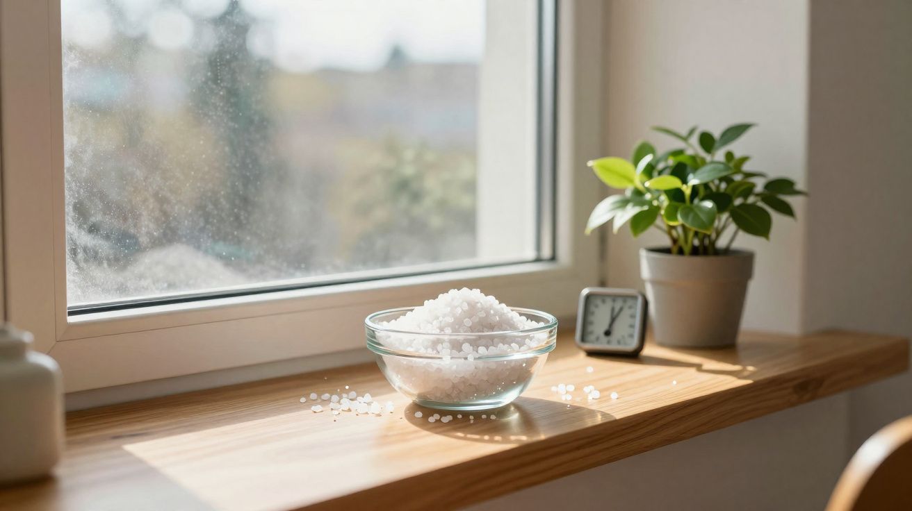 Pote de vidro com sal grosso em parapeito de madeira iluminado pelo sol, próximo a vaso com planta e relógio.