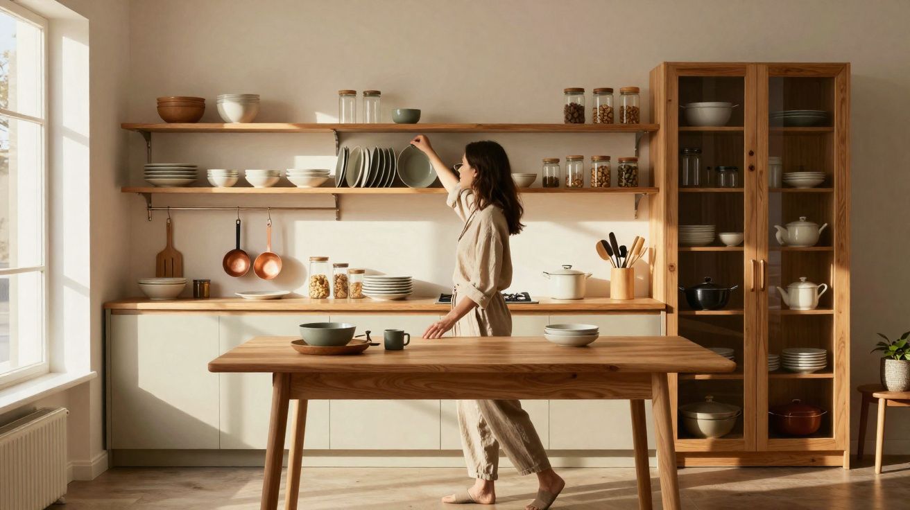 Mulher em cozinha moderna organizada com prateleiras e armários de madeira clara, pegando prato.