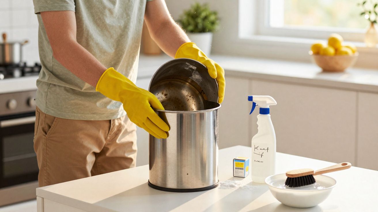 Pessoa com luvas amarelas limpando panela em cozinha moderna, com produtos de limpeza ao lado.