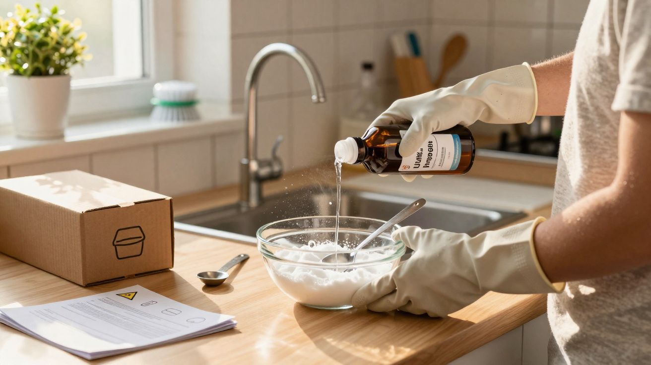 Mãos com luvas de borracha misturam líquido de embalagem marrom em bacia de vidro na cozinha.