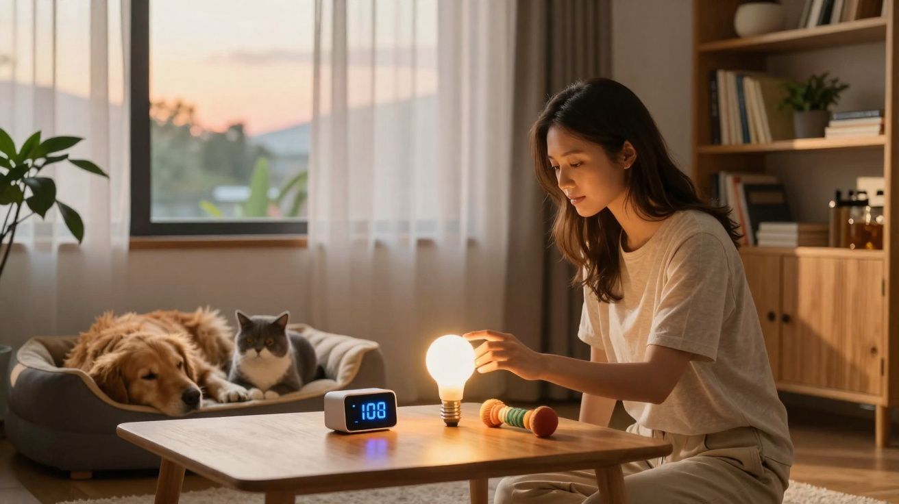 Mulher sentada em sala acendendo lâmpada enquanto cão e gato descansam em cama.