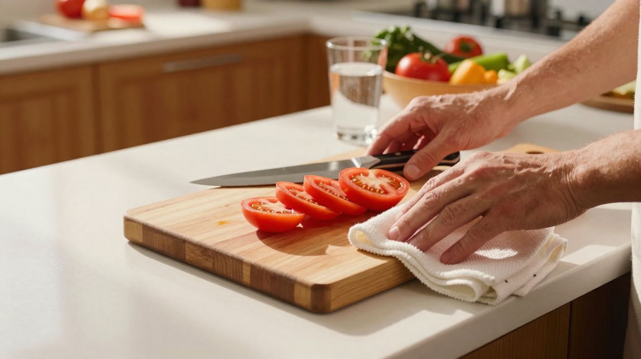 Mãos de pessoa segurando pano e faca ao lado de tomates fatiados em tábua de cozinha iluminada.