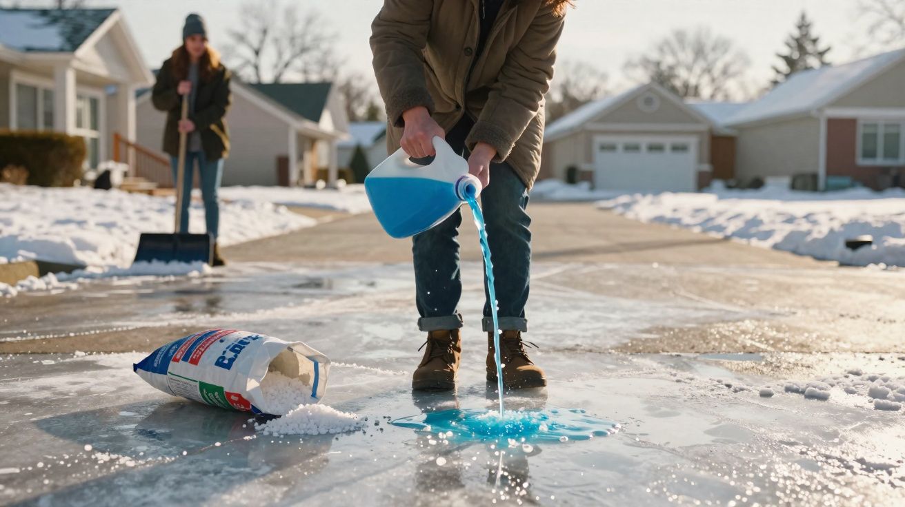 Pessoa despejando líquido azul no chão congelado para derreter gelo, com outra pessoa ao fundo com pá de neve.