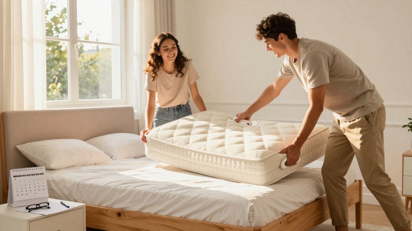 Casal jovem sorrindo enquanto coloca um colchão sobre a cama em quarto iluminado pela manhã.