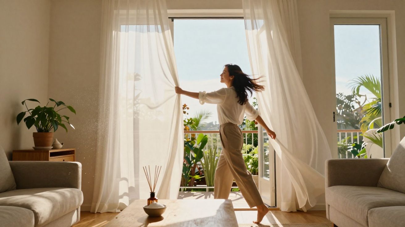 Mulher abrindo cortinas de vidro com varanda e plantas ao fundo em sala de estar iluminada.