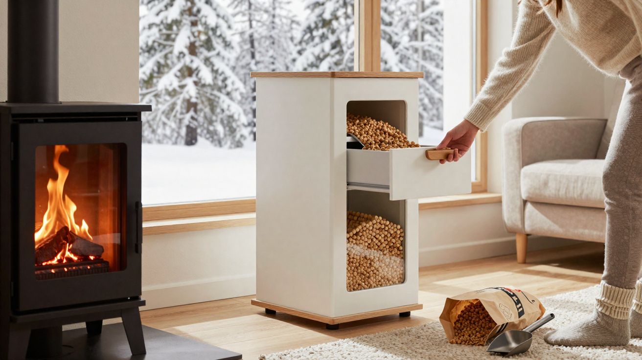 Pessoa pegando pellets em gaveta de depósito branco ao lado de lareira acesa em sala com janela para neve.