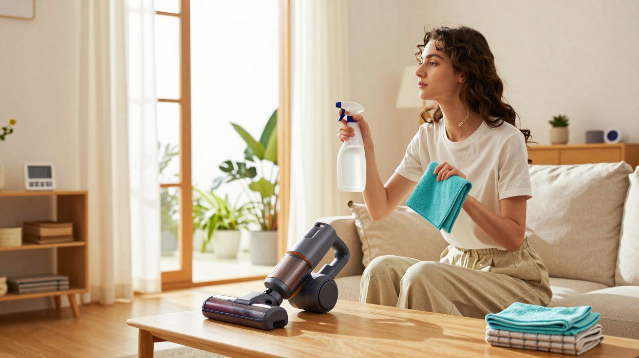 Mulher sentada no sofá limpando mesa de madeira com borrifador e pano azul em sala iluminada.