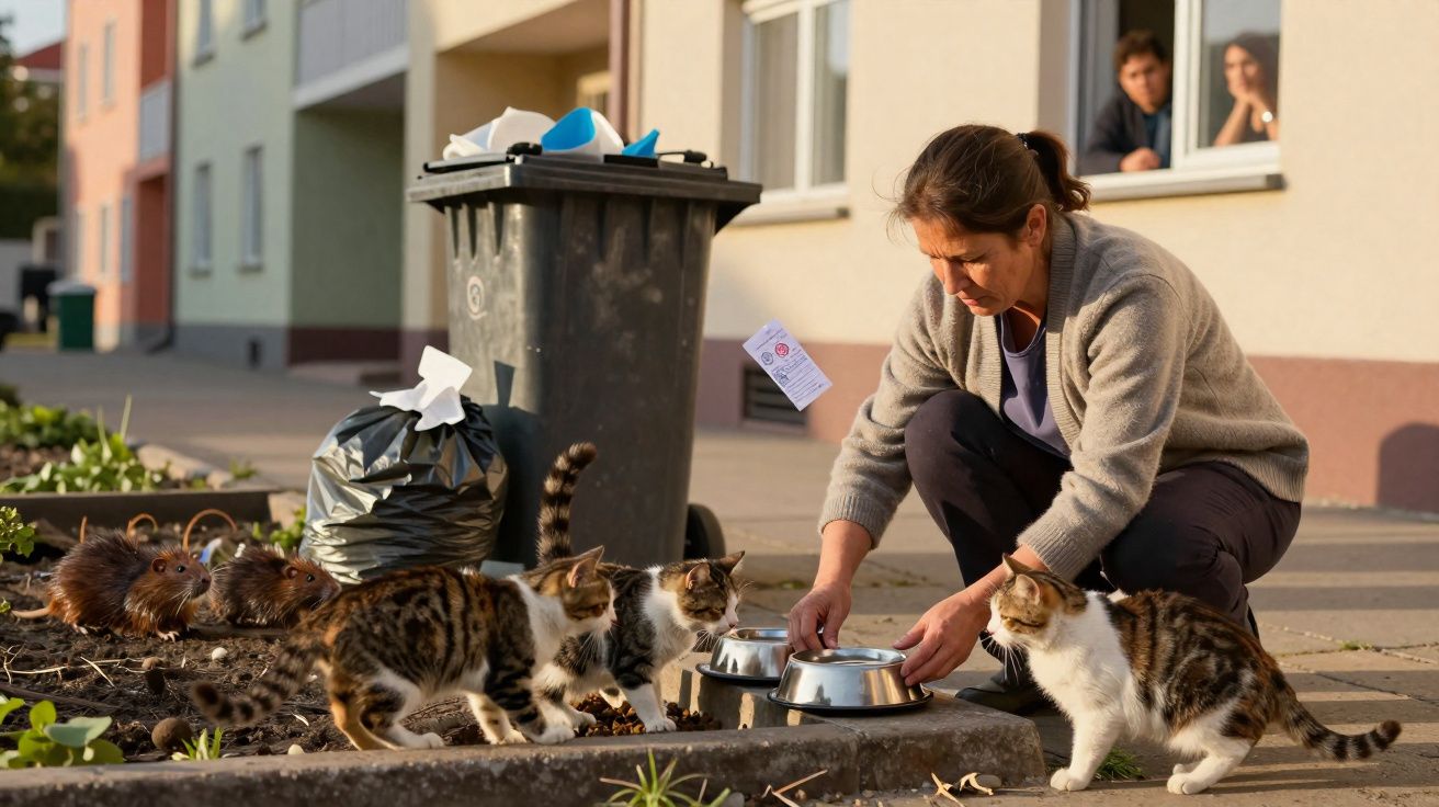 Mulher alimenta gatos na calçada próxima a um lixo com sacos pretos em área residencial.