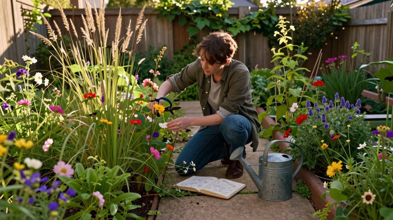 Pessoa aparando flores coloridas em jardim com regador e caderno aberto na calçada.